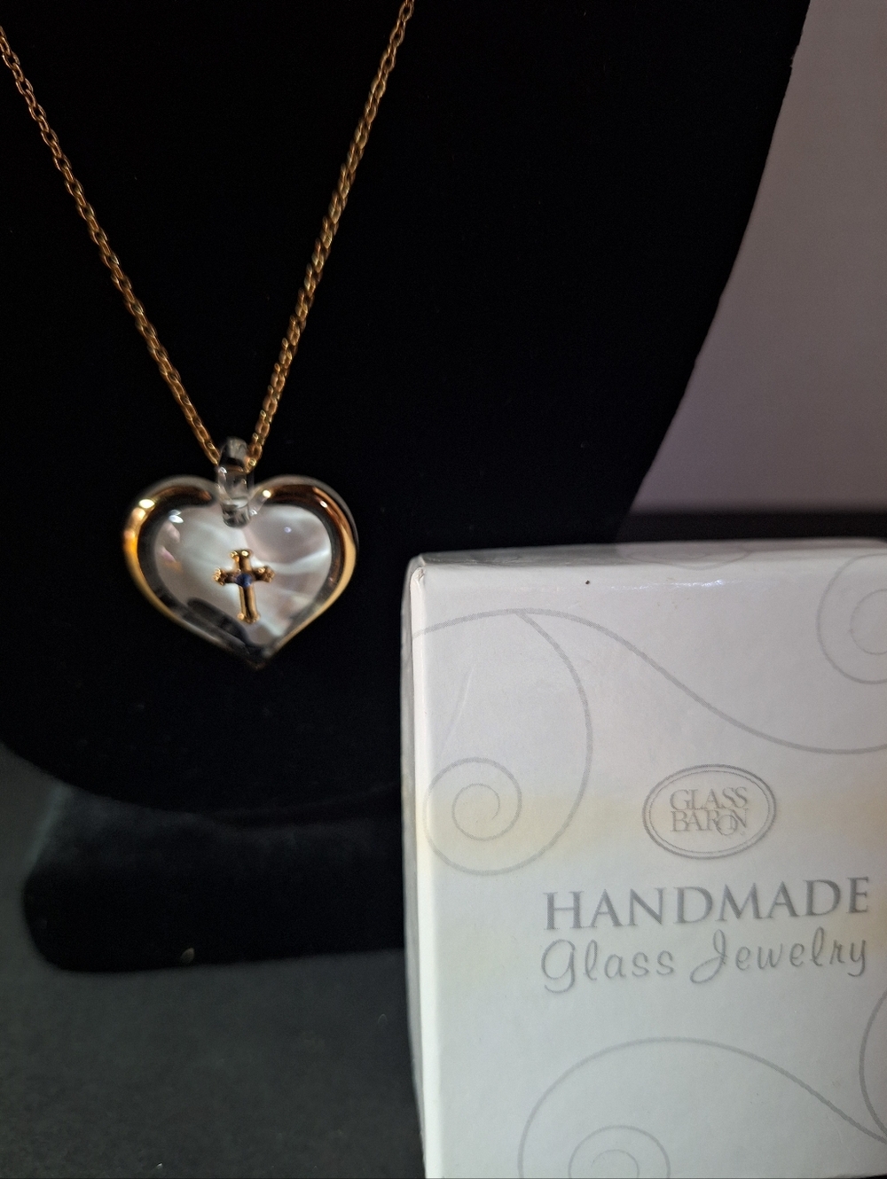 Glass Baron Gold Tone Necklace With Glass Heart And Cross